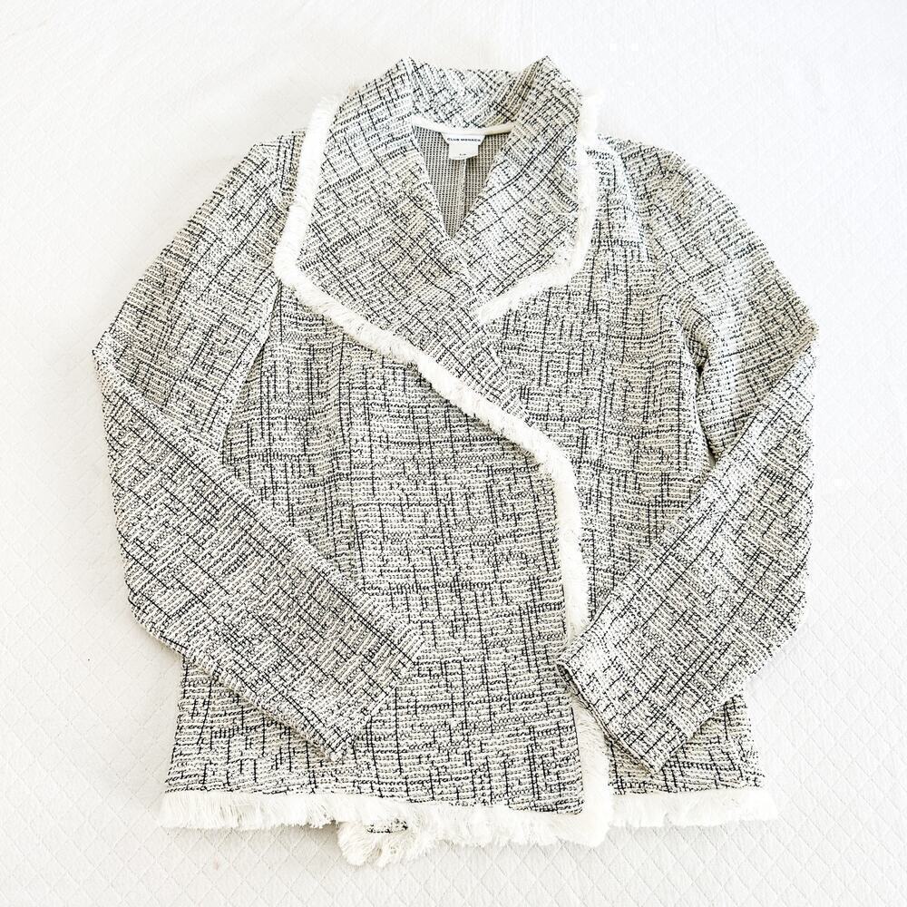 Club Monaco Black White Textured Faux Tweed Fringe Border Blazer Size Small